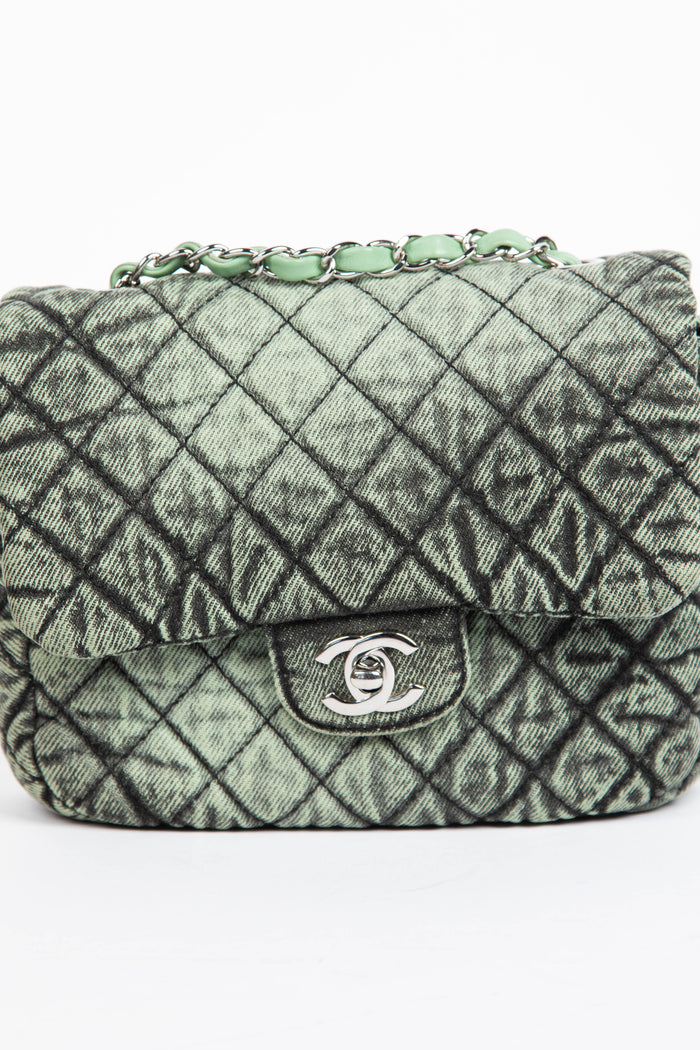 2019 Chanel Washed Green Denimpressions Mini Square Flap Shoulder Bag