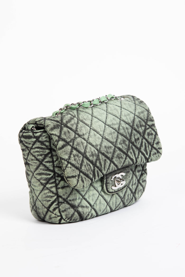 2019 Chanel Washed Green Denimpressions Mini Square Flap Shoulder Bag