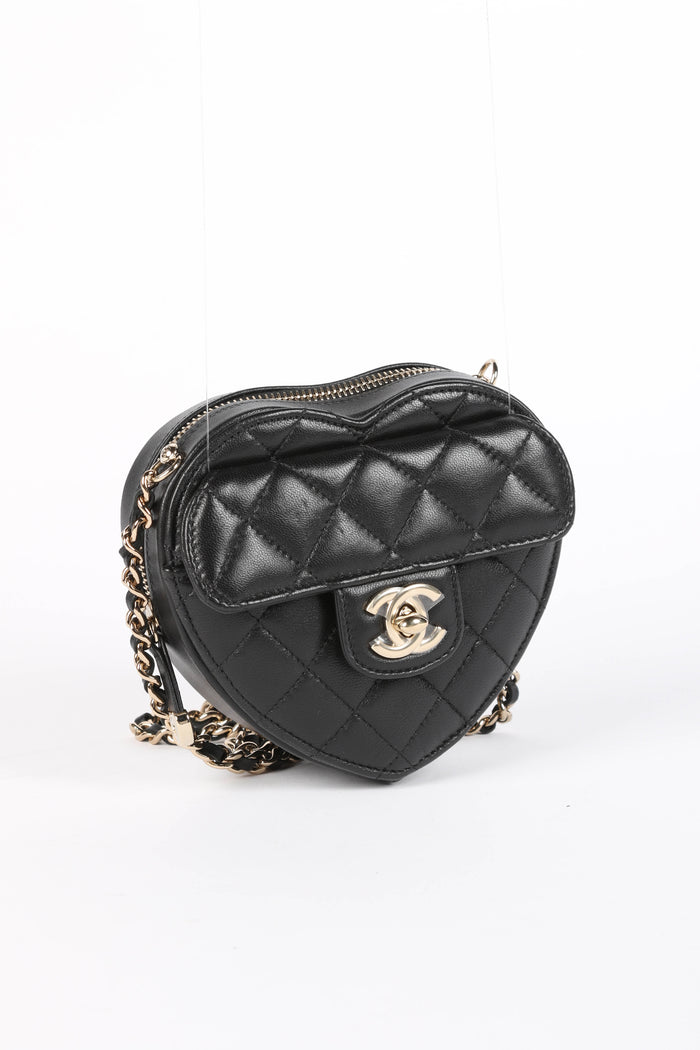 RARE Chanel Black Lambskin Leather Heart Small Cross Body Bag
