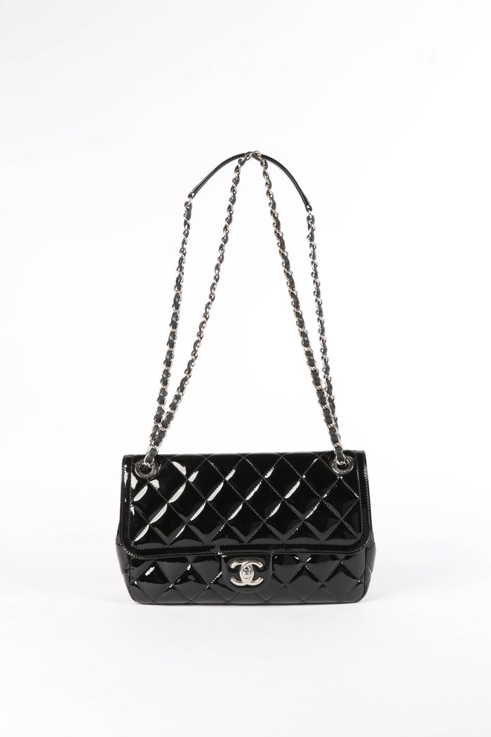 2010s Chanel Black Patent Leather Coco Shine Medium  Flap Shoulder Bag