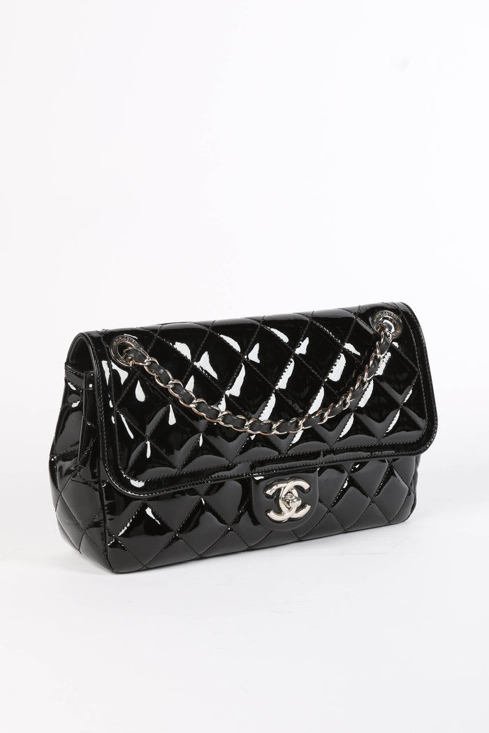 2010s Chanel Black Patent Leather Coco Shine Medium  Flap Shoulder Bag