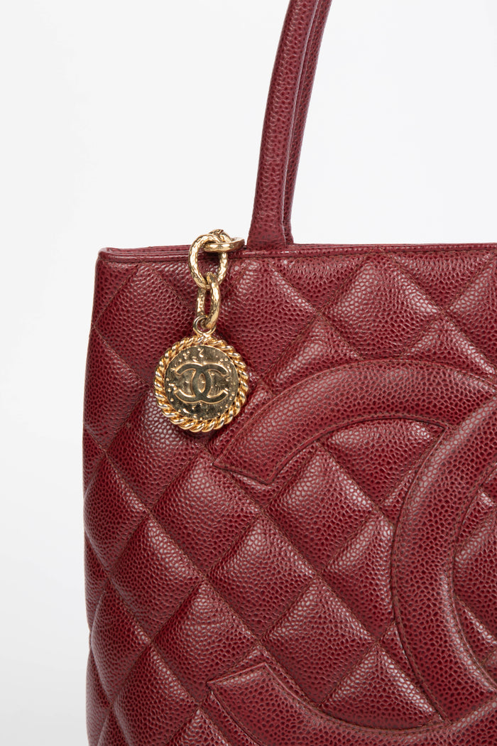 2000s Chanel Burgundy Caviar Leather Gold Medallion Tote Bag