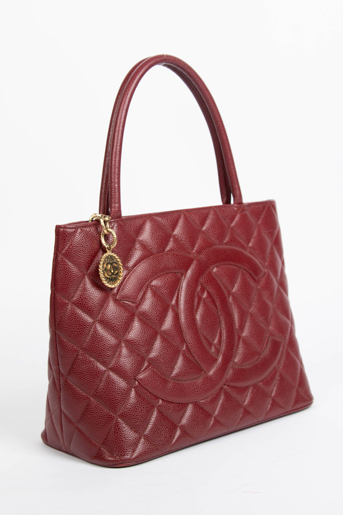 2000s Chanel Burgundy Caviar Leather Gold Medallion Tote Bag