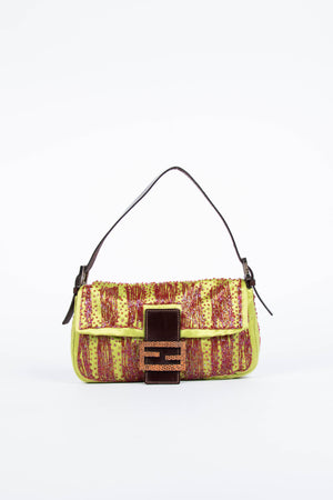 RARE Fendi Green Satin Beaded Baguette Shoulder Bag