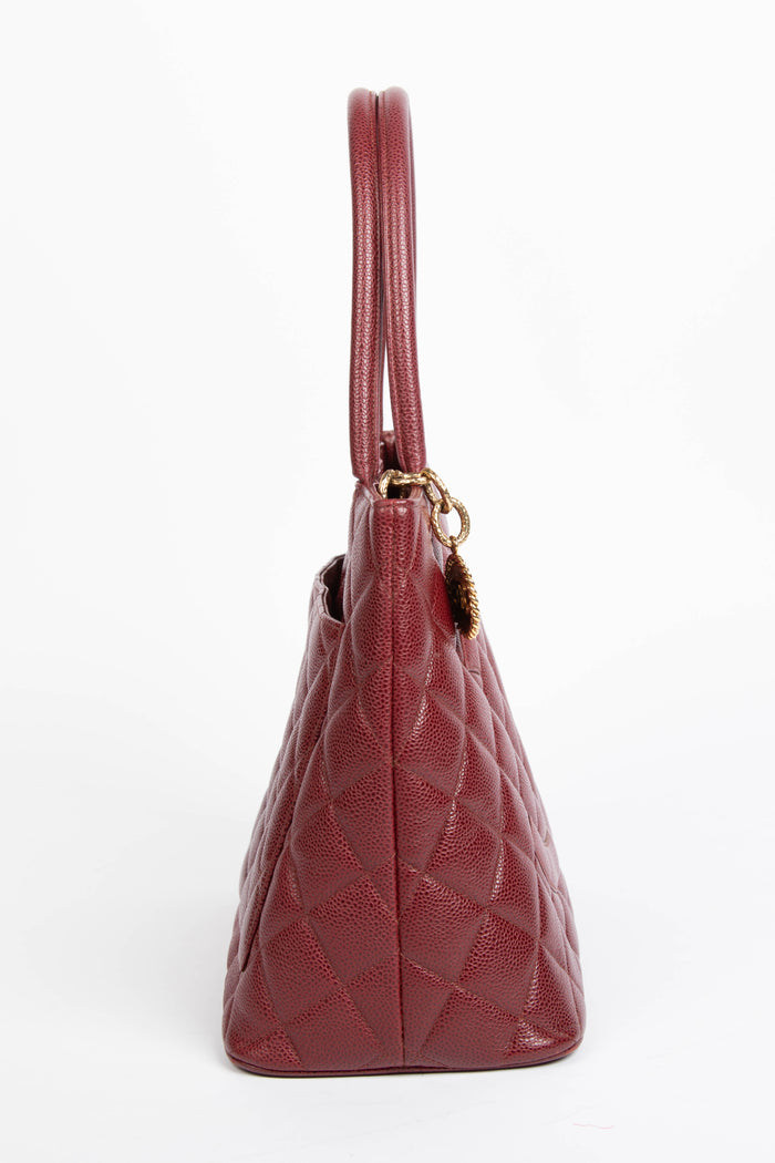 2000s Chanel Burgundy Caviar Leather Gold Medallion Tote Bag