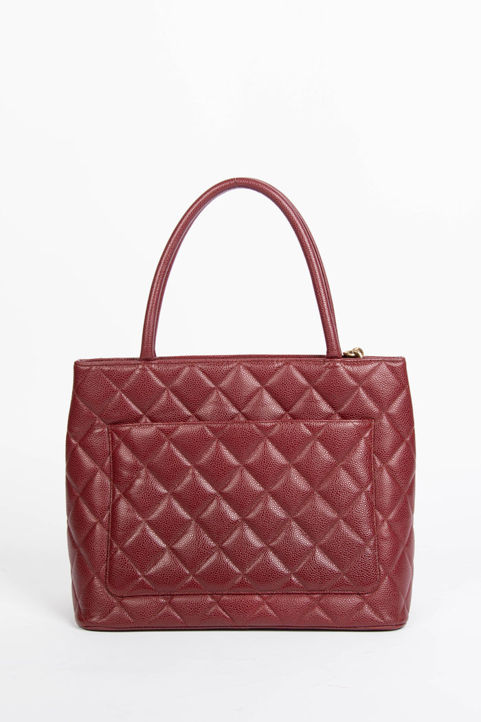 2000s Chanel Burgundy Caviar Leather Gold Medallion Tote Bag