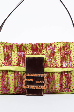 RARE Fendi Green Satin Beaded Baguette Shoulder Bag