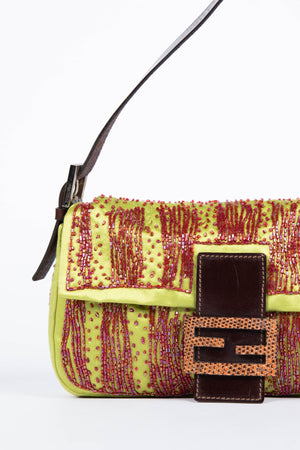 RARE Fendi Green Satin Beaded Baguette Shoulder Bag