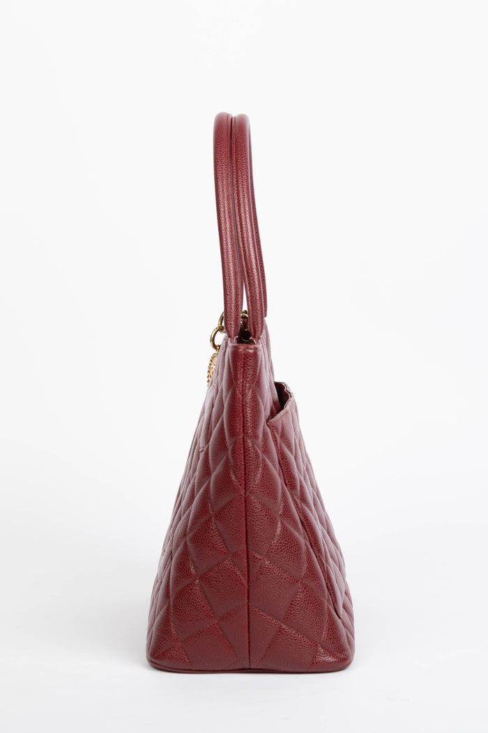2000s Chanel Burgundy Caviar Leather Gold Medallion Tote Bag