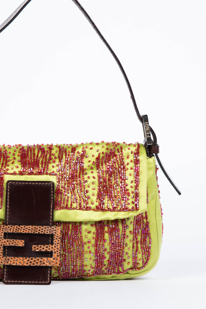 RARE Fendi Green Satin Beaded Baguette Shoulder Bag