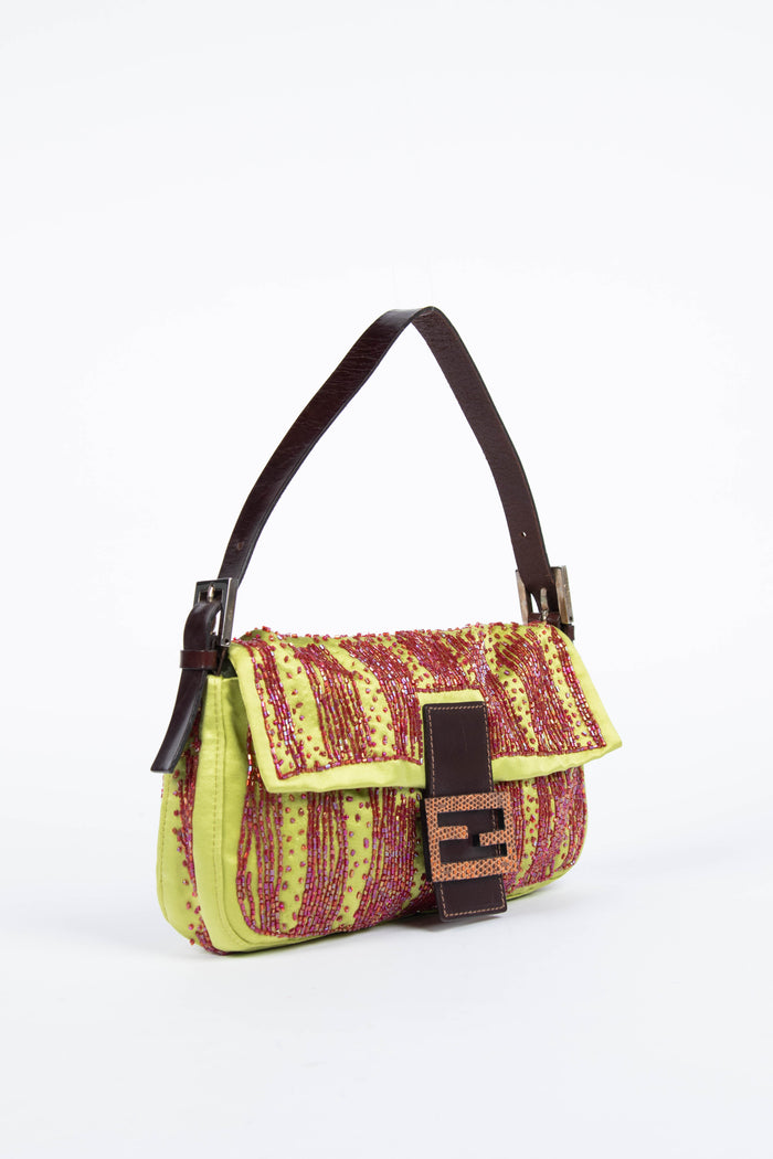 RARE Fendi Green Satin Beaded Baguette Shoulder Bag