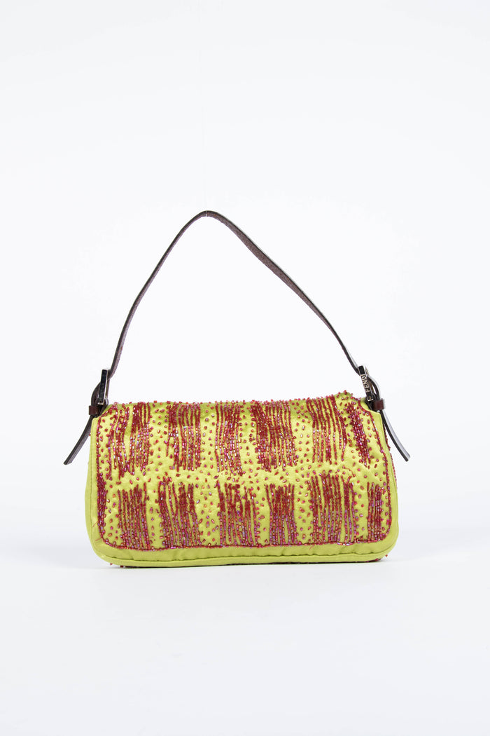 RARE Fendi Green Satin Beaded Baguette Shoulder Bag