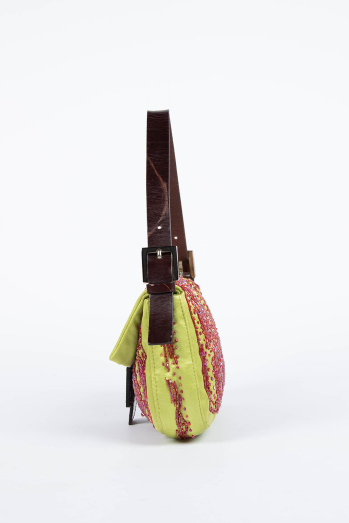 RARE Fendi Green Satin Beaded Baguette Shoulder Bag