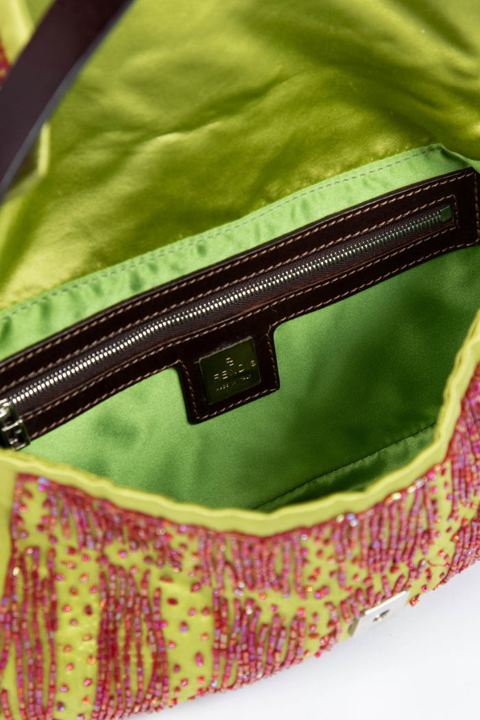 RARE Fendi Green Satin Beaded Baguette Shoulder Bag