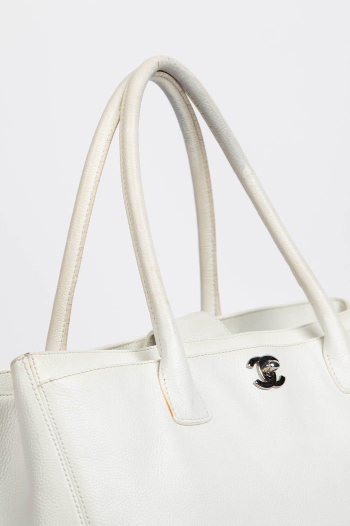 2000s Chanel White Leather Cerf Executive Shopper Tote Bag