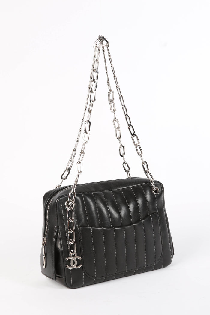 2000s Chanel Black Vertical Quilted Lambskin Small Shoulder Bag