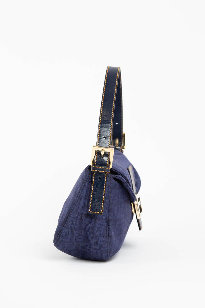 Vintage Fendi Blue Zucchino Mamma Baguette Shoulder Bag