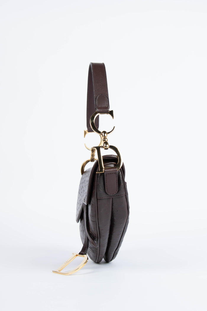 2000s Christian Dior Brown Ostrich Leather Saddle Bag