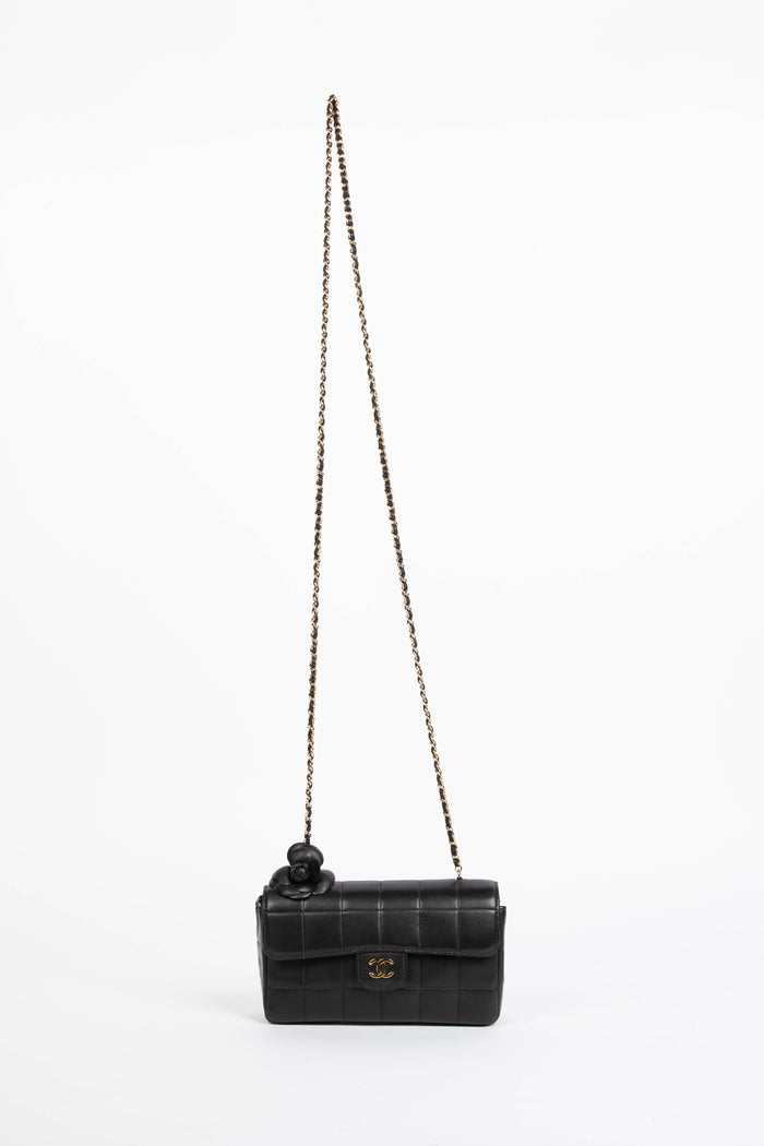 2000s Chanel Black Lambskin Leather Mini Camellia Chocolate Bar Crossbody Bag