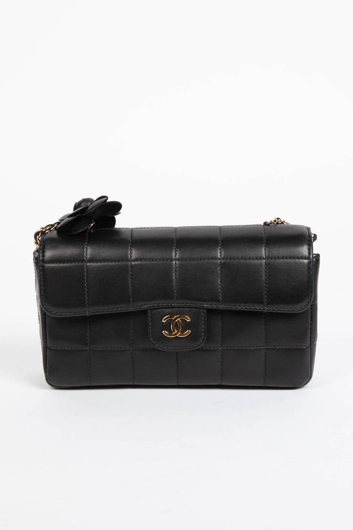 2000s Chanel Black Lambskin Leather Mini Camellia Chocolate Bar Crossbody Bag