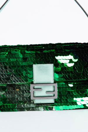 RARE Fendi Green Sequin Baguette Shoulder Bag