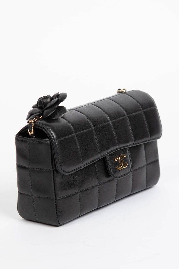 2000s Chanel Black Lambskin Leather Mini Camellia Chocolate Bar Crossbody Bag