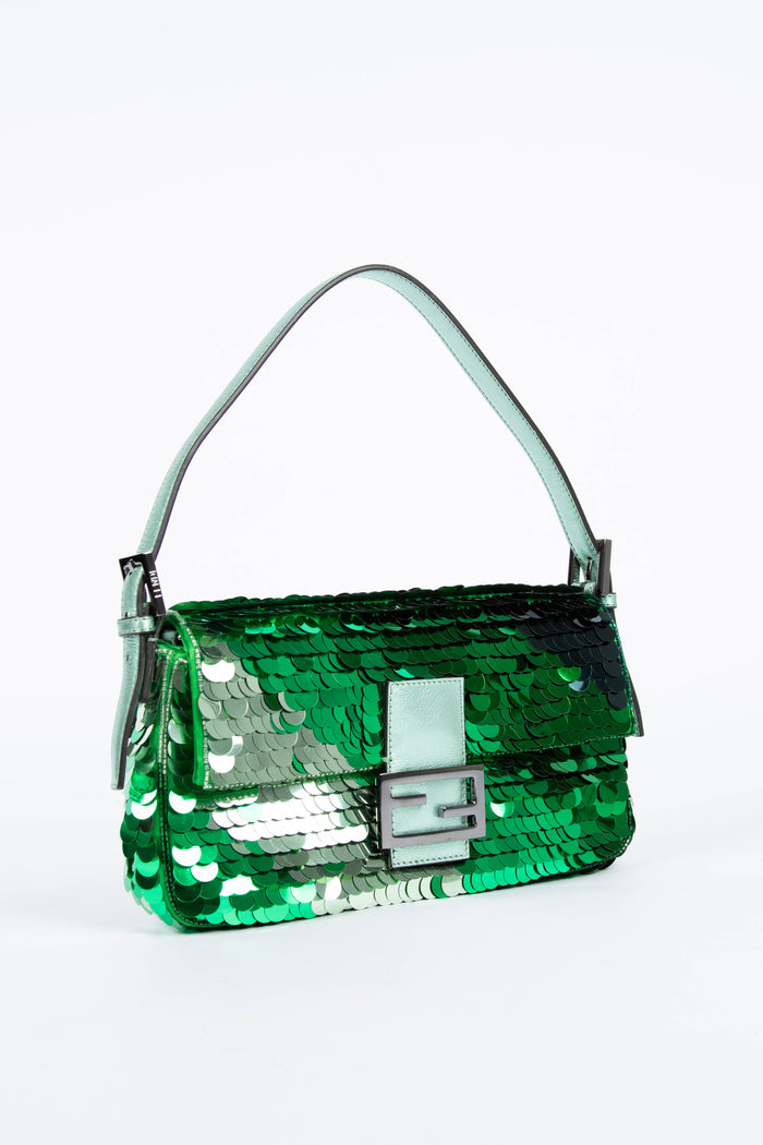 RARE Fendi Green Sequin Baguette Shoulder Bag