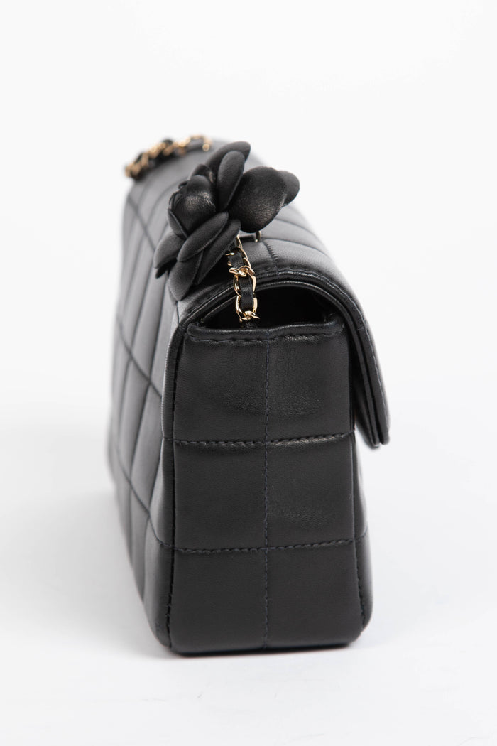 2000s Chanel Black Lambskin Leather Mini Camellia Chocolate Bar Crossbody Bag