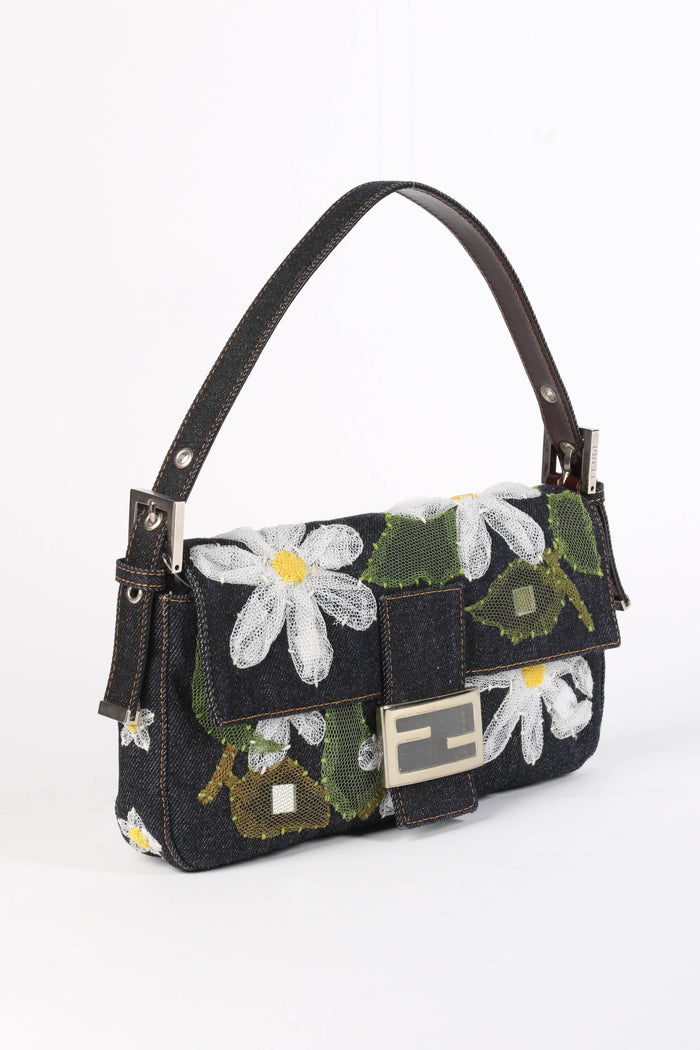 Vintage Fendi Denim Baguette with Mesh Flower Appliqué