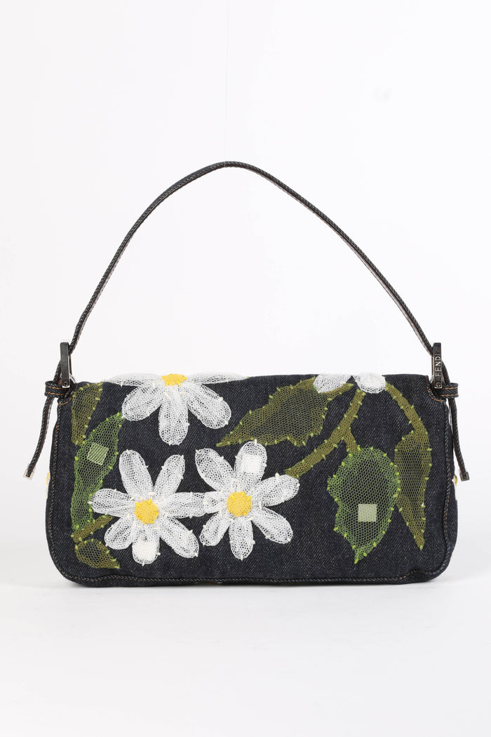 Vintage Fendi Denim Baguette with Mesh Flower Appliqué