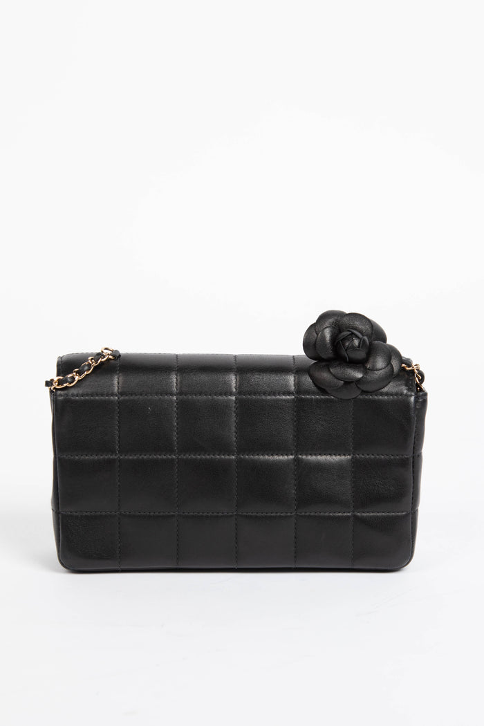 2000s Chanel Black Lambskin Leather Mini Camellia Chocolate Bar Crossbody Bag
