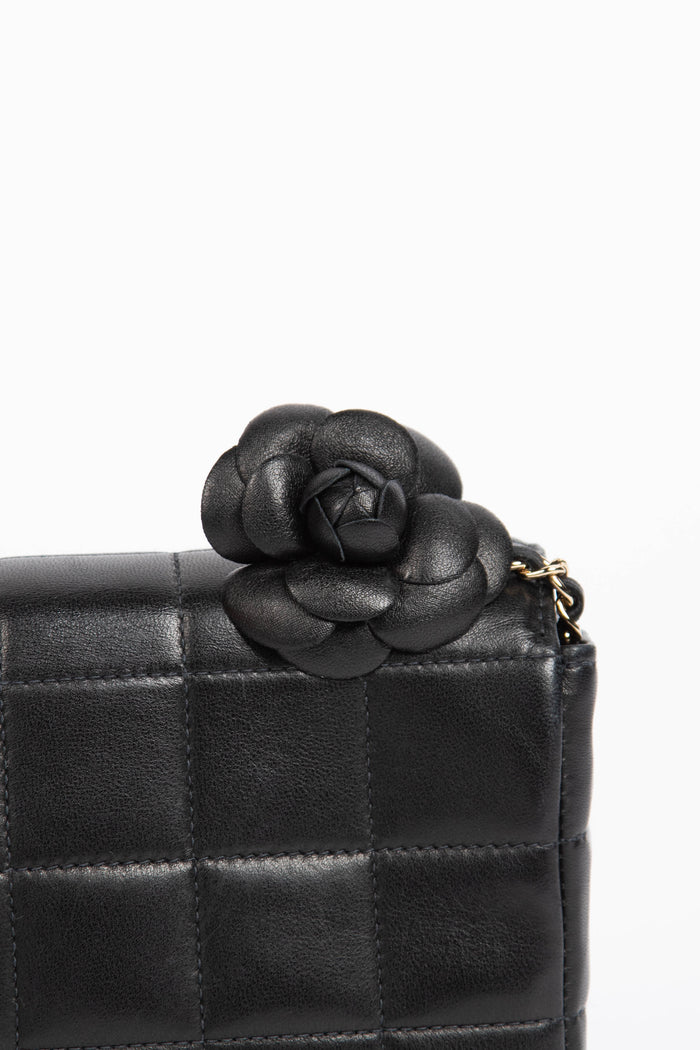 2000s Chanel Black Lambskin Leather Mini Camellia Chocolate Bar Crossbody Bag