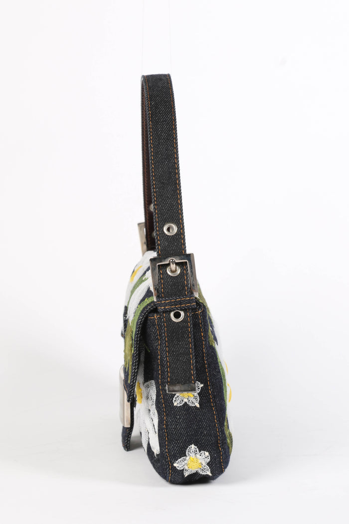 Vintage Fendi Denim Baguette with Mesh Flower Appliqué