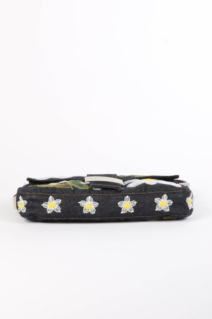 Vintage Fendi Denim Baguette with Mesh Flower Appliqué