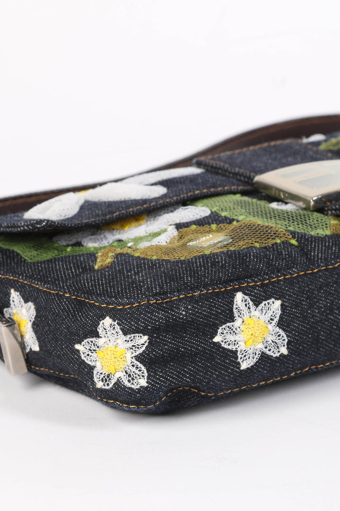 Vintage Fendi Denim Baguette with Mesh Flower Appliqué