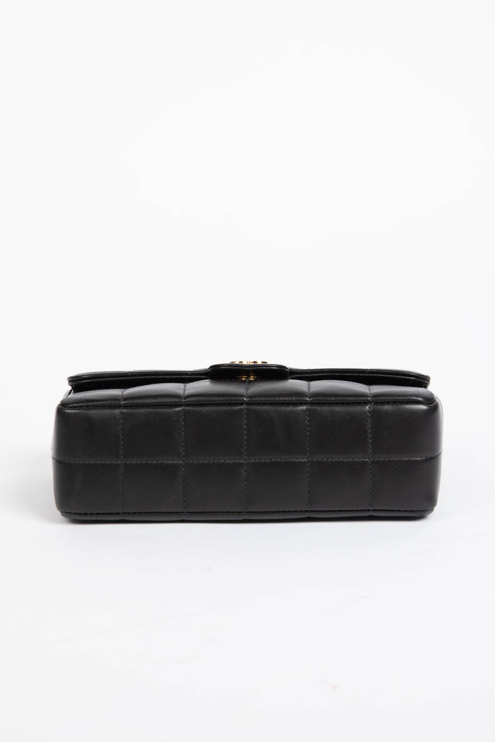 2000s Chanel Black Lambskin Leather Mini Camellia Chocolate Bar Crossbody Bag