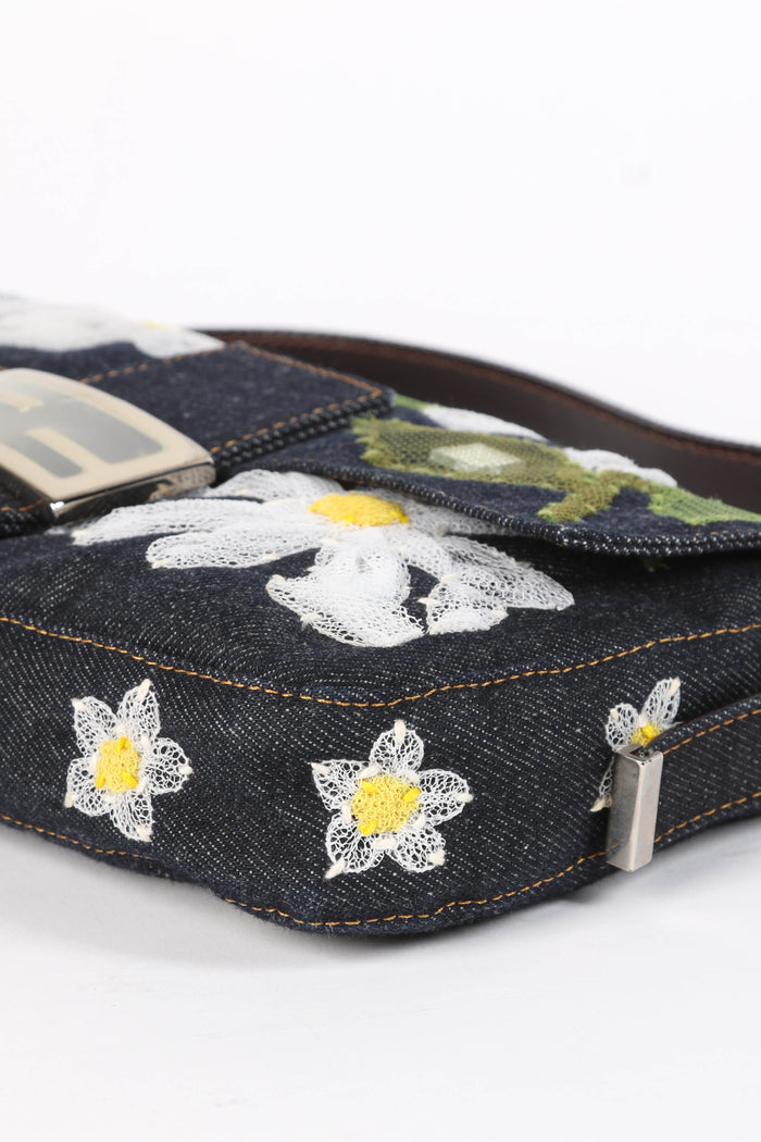 Vintage Fendi Denim Baguette with Mesh Flower Appliqué