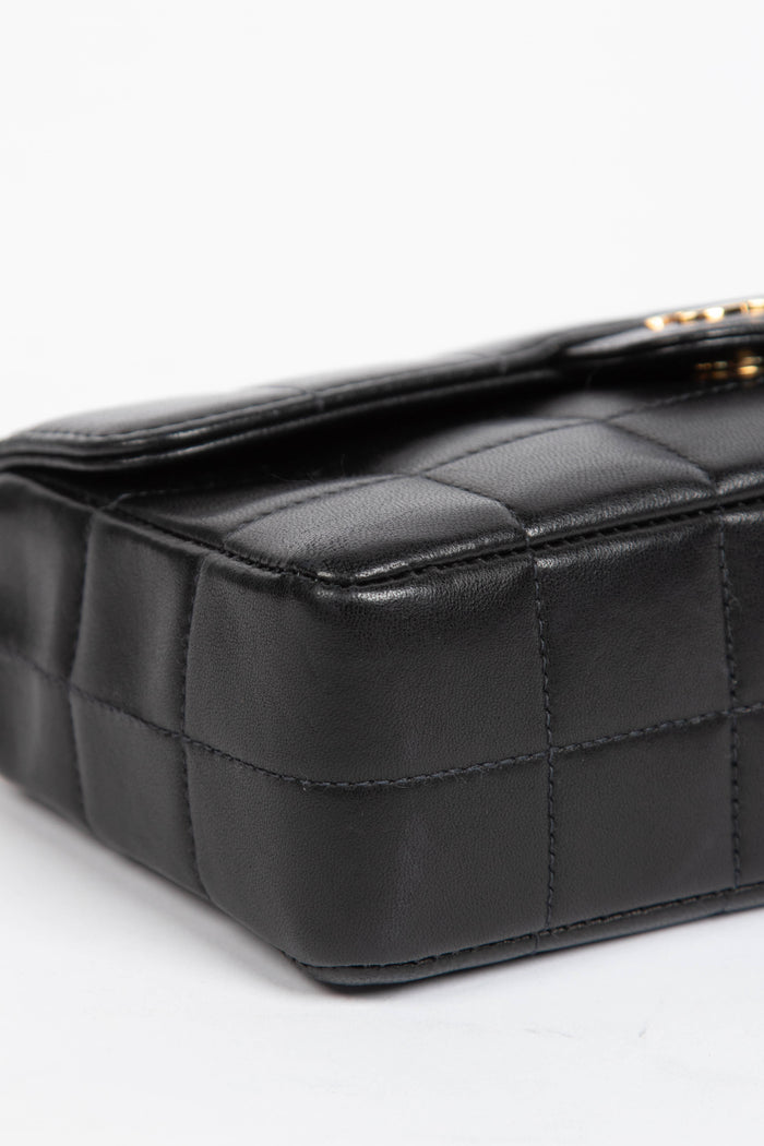 2000s Chanel Black Lambskin Leather Mini Camellia Chocolate Bar Crossbody Bag