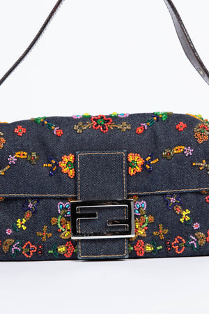 RARE Vintage Fendi Denim Beaded Baguette Shoulder Bag