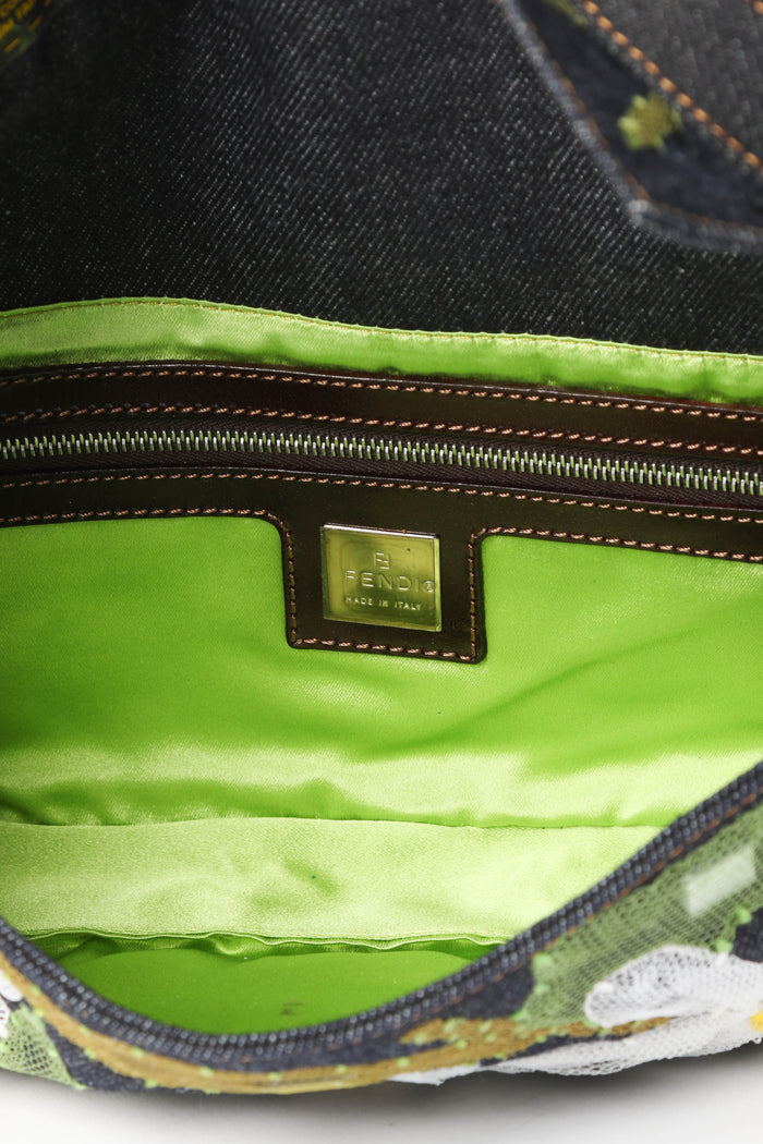 Vintage Fendi Denim Baguette with Mesh Flower Appliqué