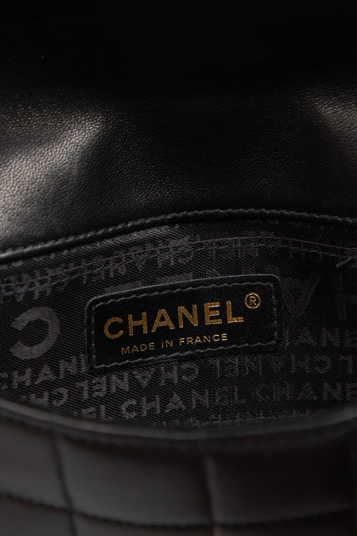 2000s Chanel Black Lambskin Leather Mini Camellia Chocolate Bar Crossbody Bag