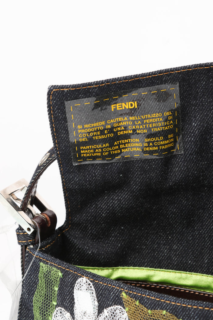 Vintage Fendi Denim Baguette with Mesh Flower Appliqué