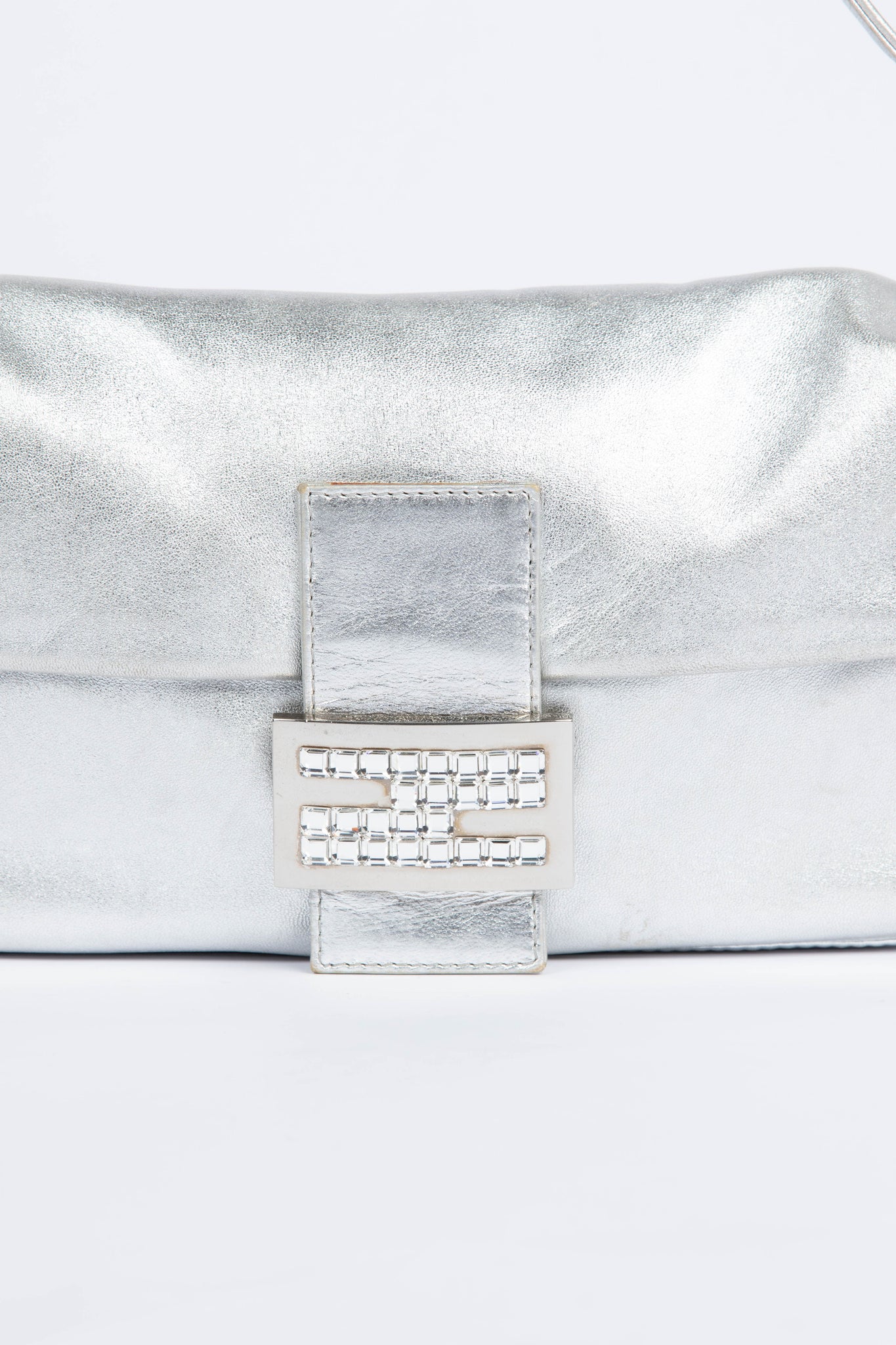 RARE Fendi Silver Crystal Baguette Shoulder Bag