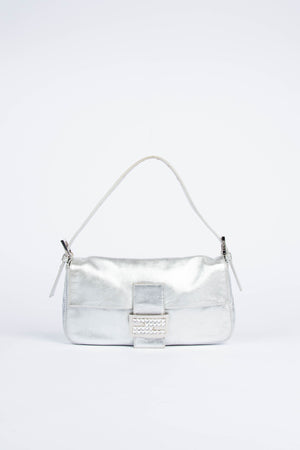 RARE Fendi Silver Crystal Baguette Shoulder Bag