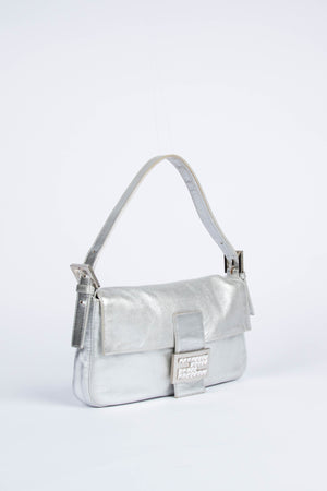 RARE Fendi Silver Crystal Baguette Shoulder Bag