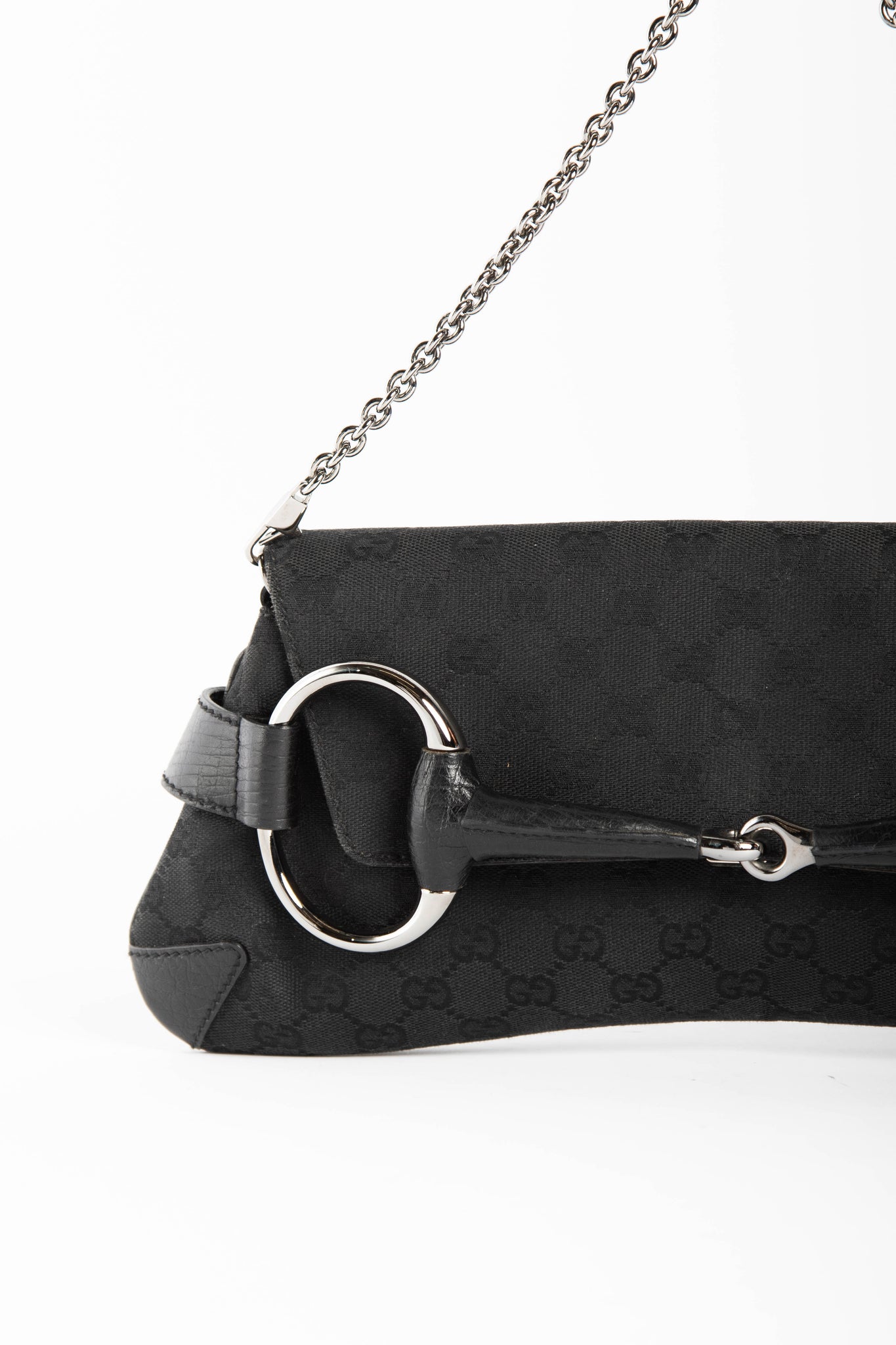 RARE Vintage Gucci GG Black Monogram Large Horsebit Shoulder Bag