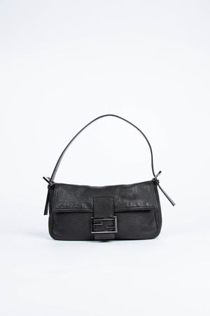 Vintage Fendi Black Leather Baguette Shoulder Bag