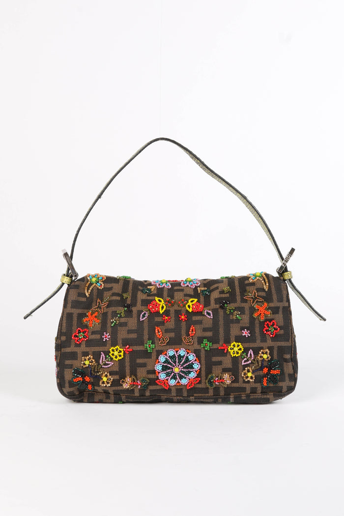 RARE Fendi Zucca Beaded Baguette Shoulder Bag