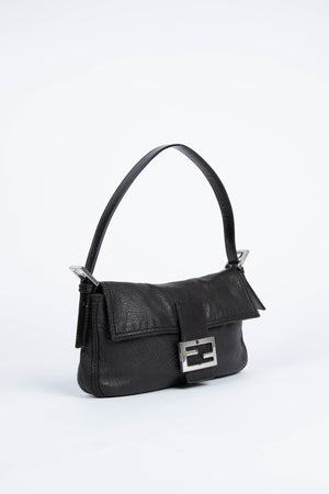 Vintage Fendi Black Leather Baguette Shoulder Bag