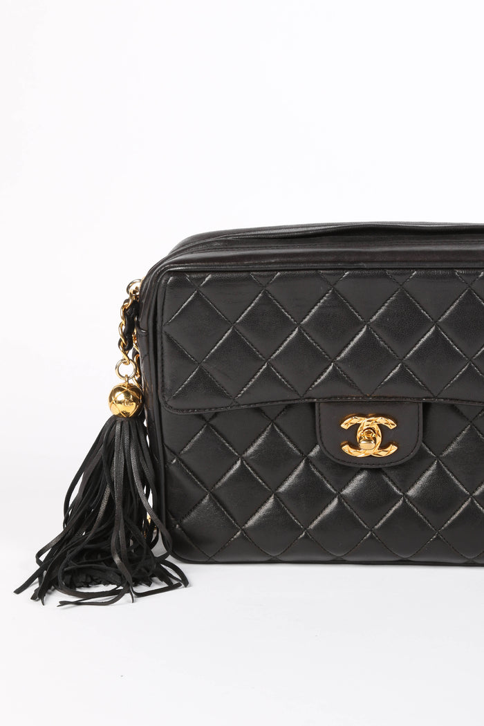 90s Chanel Black Lambskin Leather Camera Bag